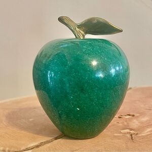 Artisan Alabaster Green Apple Paperweight w/Green Leaf Stem Vintage 80s Decor